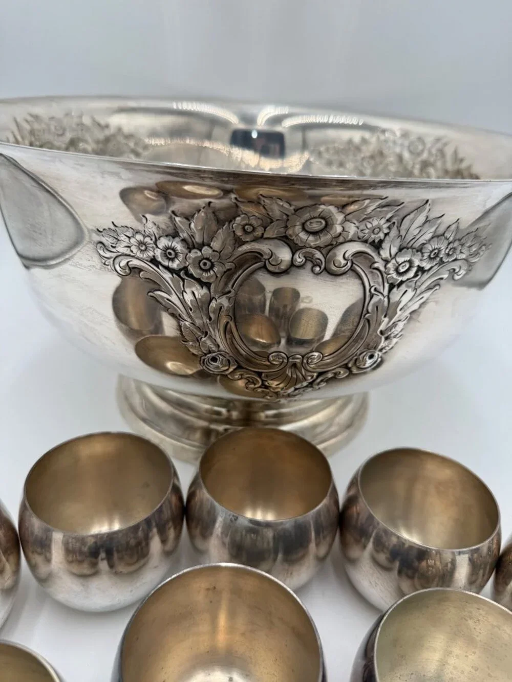 Antique Silver Plated Punch Bowl Set Matching Cups Ladle Vintage  Leonard Sheffi